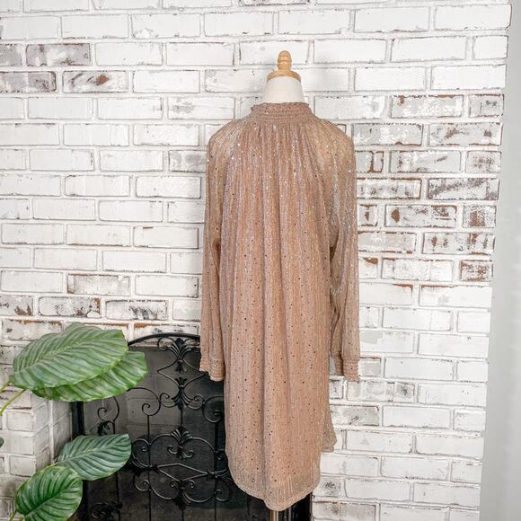 Nina Leonard Rose Gold Metallic Chiffon Sheer Mock Neck Cocktail Midi Dress - Picture 8 of 16